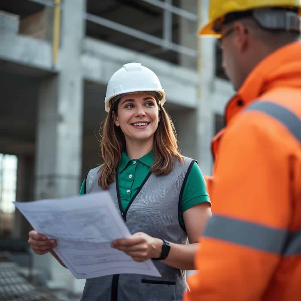 Manager de chantier avec casque et plans discutant avec un ouvrier — Académie du Management 360
