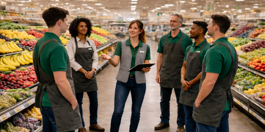 Manager et équipe en grande distribution