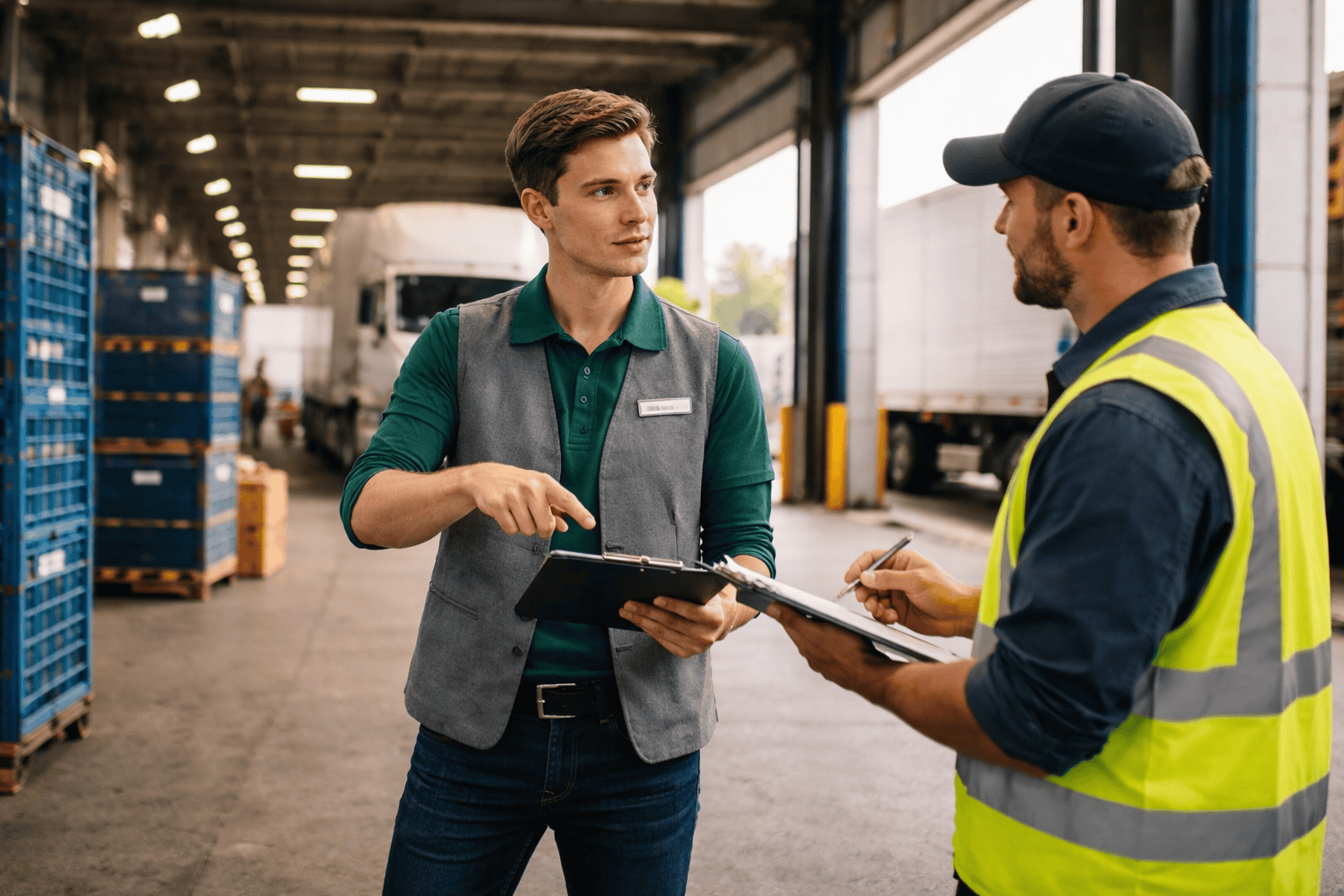 Manager en entrepôt logistique briefant son équipe — Académie du Management 360