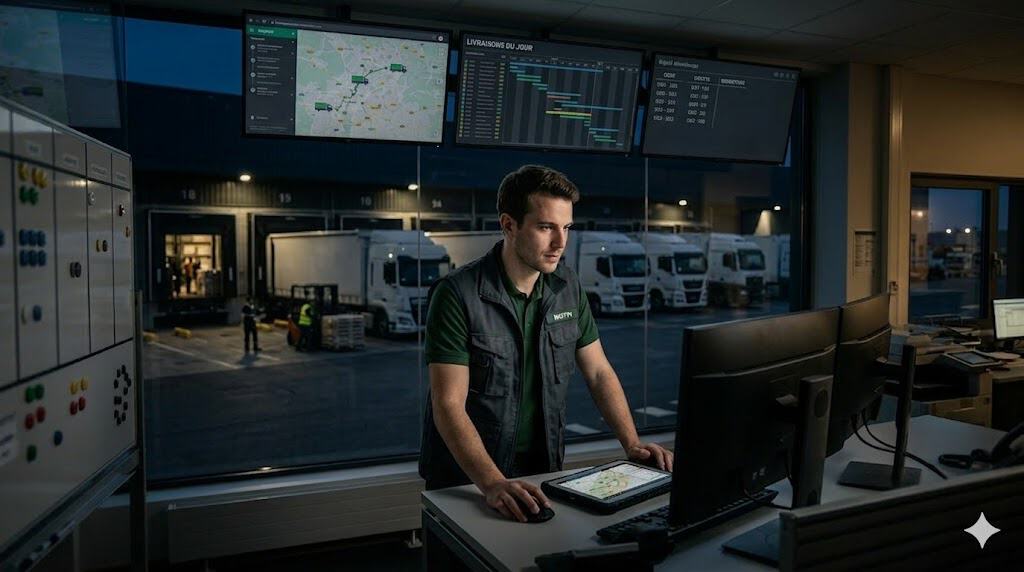 Manager devant une flotte de camions avec ses chauffeurs — Académie du Management 360